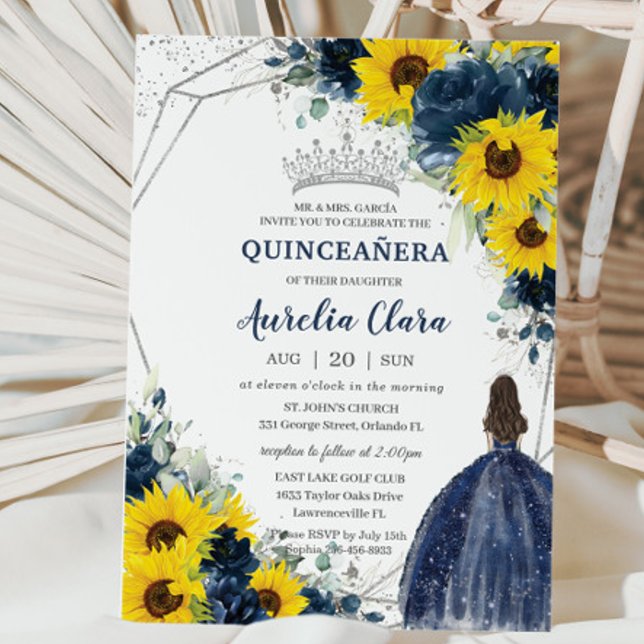 Solros Navy Blue Blommigt Princess Quinceañera Inbjudningar (Skapare uppladdad)