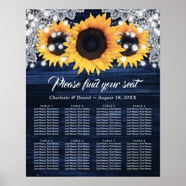 Solros Navyblå Trä Bröllopsställningsschema 8 Poster (Framsidan)