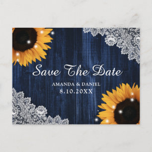 Solros Navyblå Trä Spets Rustik Save The Date Vykort