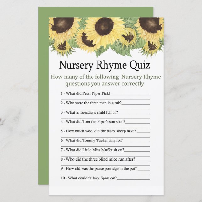 Solros Nursery Rhyme Quiz baby shower spel (Fram/baksida)