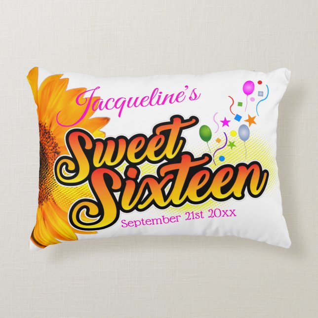 Solros och ballonger på vit Sweet sixteen Prydnadskudde (Framsidan)