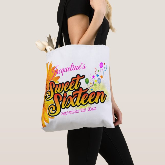 Solros och ballonger på vit Sweet sixteen Tygkasse (Närbild)