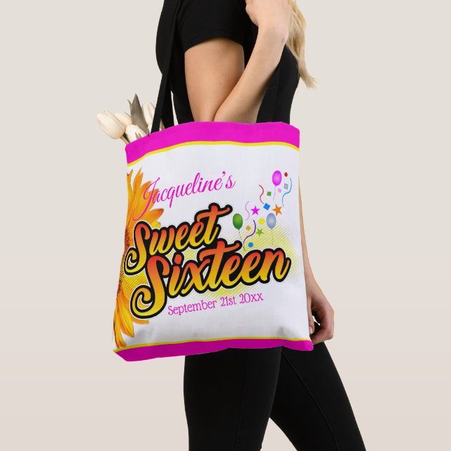 Solros och ballonger Rosa på vit Sweet sixteen Tygkasse (Närbild)
