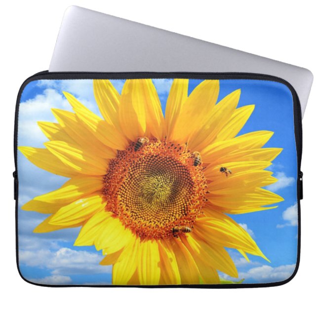 Solros och bin i Blå himmel Laptop sleeve (Framsidan)