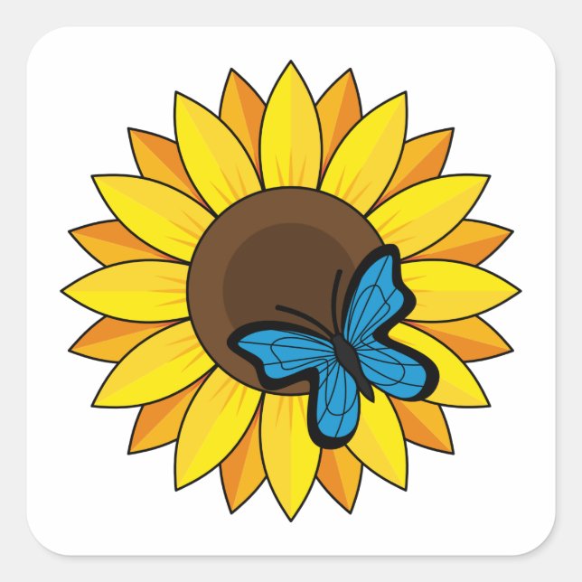 Solros och blå fjäril fyrkantigt klistermärke (Framsida)