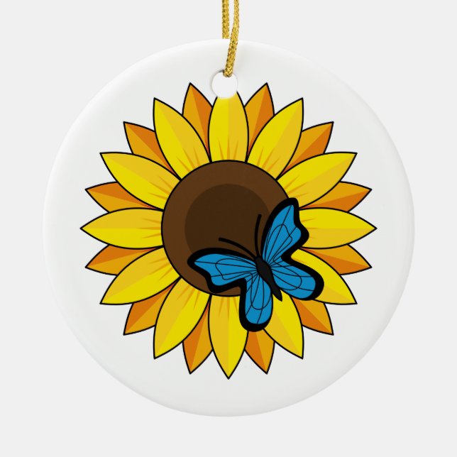 Solros och blå fjäril julgransprydnad keramik (Framsidan)