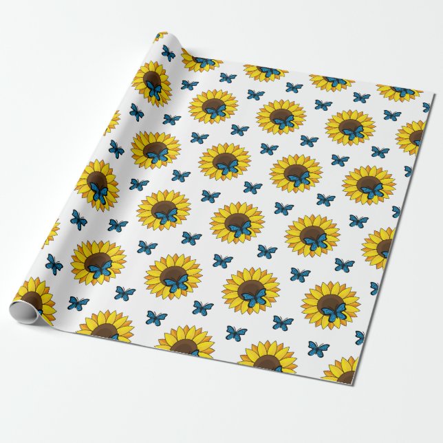 Solros och blå fjäril presentpapper (Utrullad)