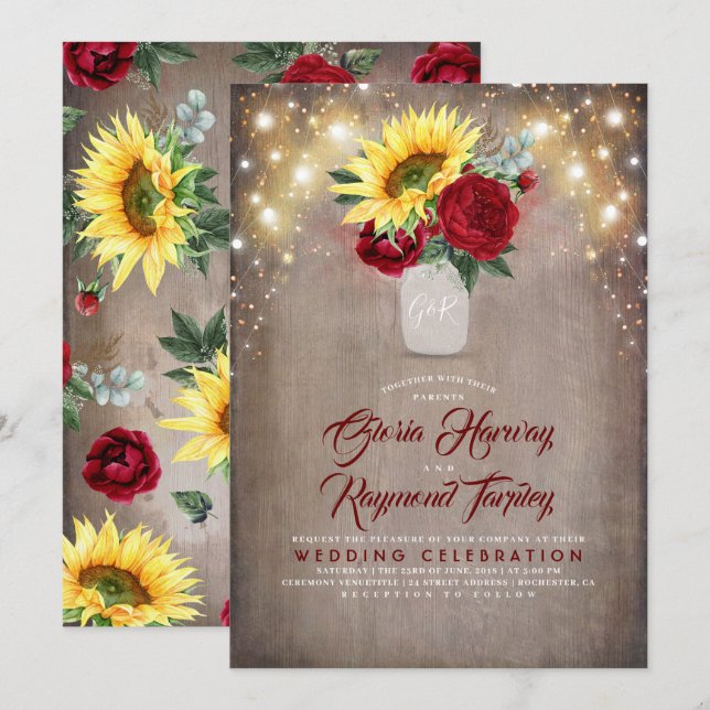 Solros och Burgundy Ro Mason Burk Fall Wedding Inbjudningar (Fram/baksida)