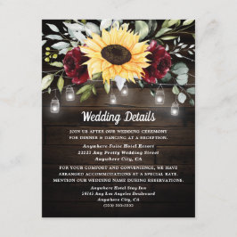 Solros och Burgundy Röd ros Rustic Bröllop Tilläggskort