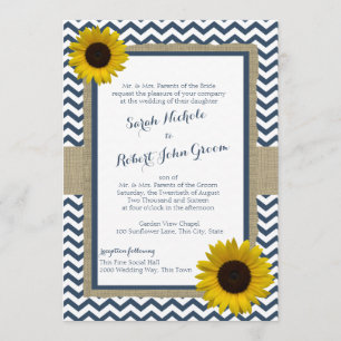 Solros och Chevron Navy Blue Rustic Bröllop Inbjudningar
