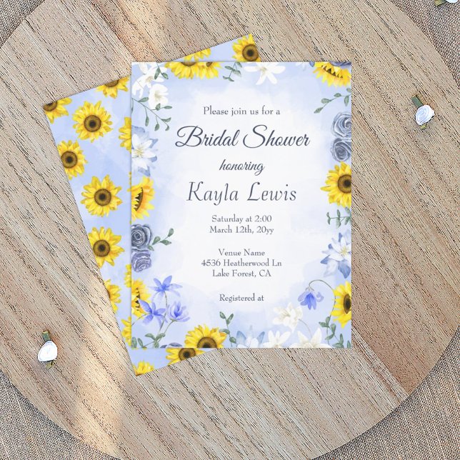 Solros och dammig blå ros Bröllopsdusch Inbjudningar (sunflowers dusty blue wedding bridal shower party invitations, yellow and light blue theme)