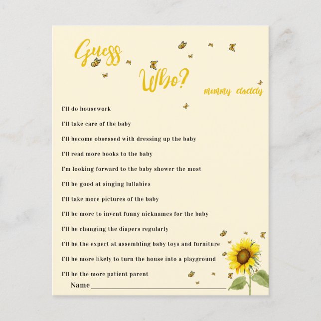 Solros och fjäril Baby Shower Gissa vem som spelar (Framsida)