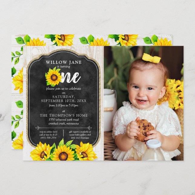 Solros och foto av Rustic Wood Land Inbjudningar (Fram/baksida)