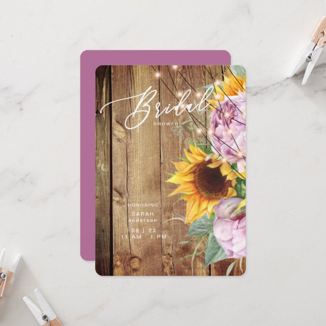 Solros och Fuchsia Rustic Round Möhippa Inbjudningar (Fram/Back In Situ)