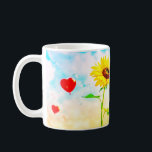 Solros och hjärtballonger Romantic Gift Design Kaffemugg<br><div class="desc">För in glädje, kärlek och solsken i varje ögonblick med denna vackra utformning som har en vibrerande solros omgiven av röda hjärtballonger och drömbubblor. Perfekt för romantiska gåvor, årsdagar, Alla hjärtans dag, födelsedagar eller bara för att sprida lycka. Den här mångsidiga teckningen ser ut som fantastisk på T-shirts, mugg, kuddar,...</div>