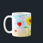 Solros och hjärtballonger Romantic Gift Design Kaffemugg<br><div class="desc">För in glädje, kärlek och solsken i varje ögonblick med denna vackra utformning som har en vibrerande solros omgiven av röda hjärtballonger och drömbubblor. Perfekt för romantiska gåvor, årsdagar, Alla hjärtans dag, födelsedagar eller bara för att sprida lycka. Den här mångsidiga teckningen ser ut som fantastisk på T-shirts, mugg, kuddar,...</div>