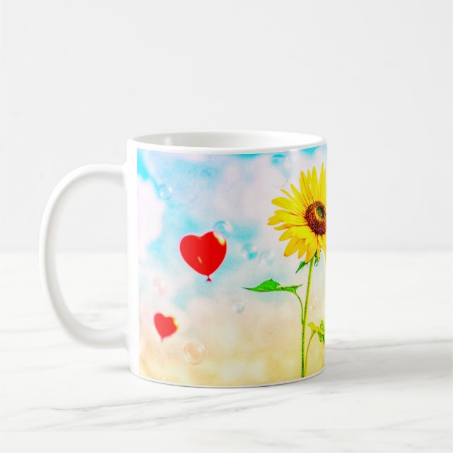 Solros och hjärtballonger Romantic Gift Design Kaffemugg (Vänster)