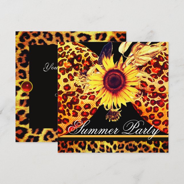 SOLROS OCH LEOPARDMÖNSTRAD BÅGE SOMMAR TRÄDGÅRD  F INBJUDNINGAR (Fram/baksida)