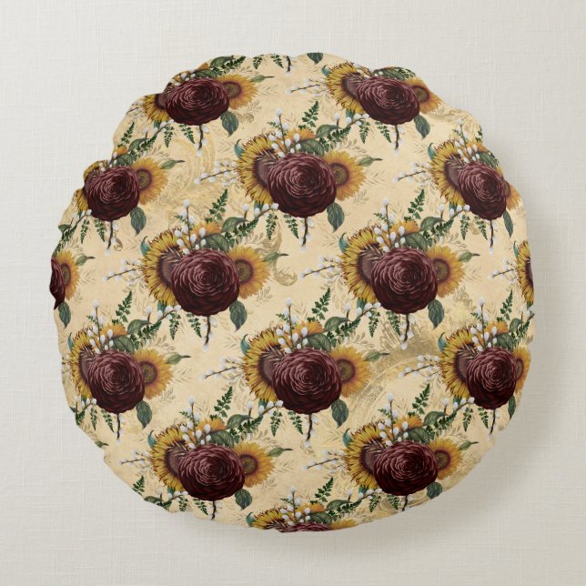 Solros och Ranunculus Rund Kudde (Framsidan)