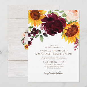 Solros och Ro Burgundy Red Fall Wedand Inbjudningar