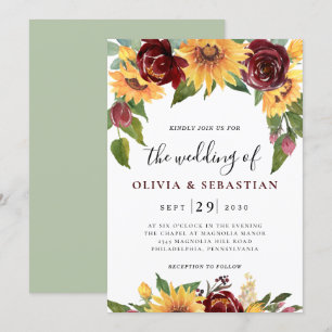 Solros och Ro Burgundy Red Greenery Bröllop Inbjudningar