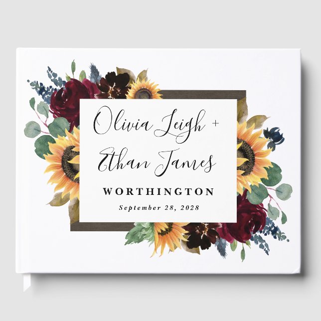 Solros och Ro Burgundy Red Navy Blue Bröllop Gästböcker (Framsida)