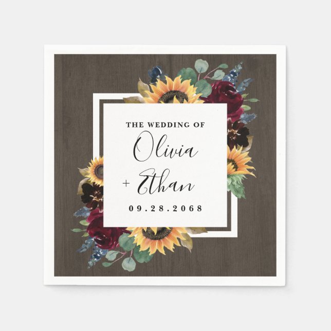 Solros och Ro Burgundy Red Navy Blue Bröllop Pappersservett (Framsidan)