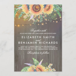 Solros och String Ljus Rustic Wood Bröllop Inbjudningar