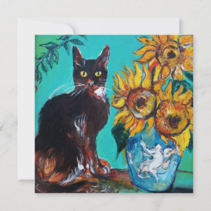 SOLROS OCH SVART KATT I BLÅ TEAL Sommarfest Inbjudningar