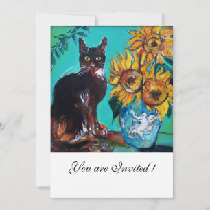 SOLROS OCH SVART KATT I BLÅ TEAL Sommarfest Inbjudningar
