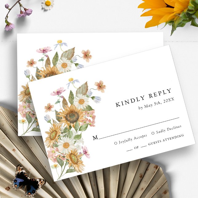 Solros OSA kort (Elegant Wildflower Sunflower Watercolor Floral RSVP Card by Painted Paperie
)