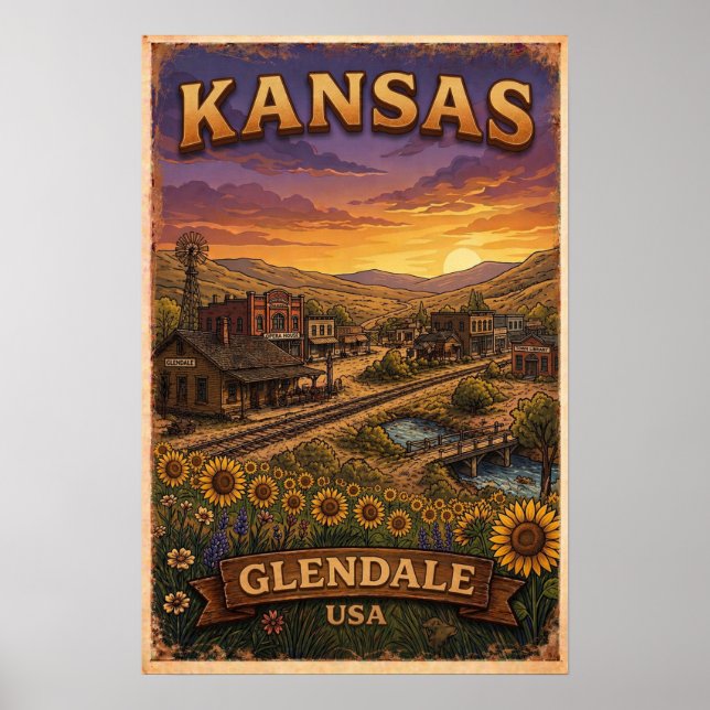 Solros över Glendale Kansas landskap Poster (Framsidan)