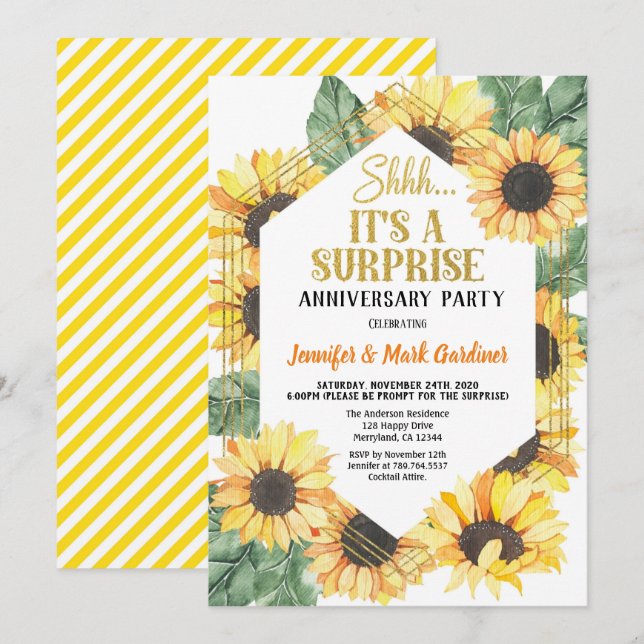 Solros överraskningsjubileumsparty inbjudningar (Fram/baksida)