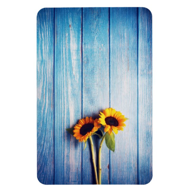 Solros på Blue Wood Wall Magnet (Vertikal)
