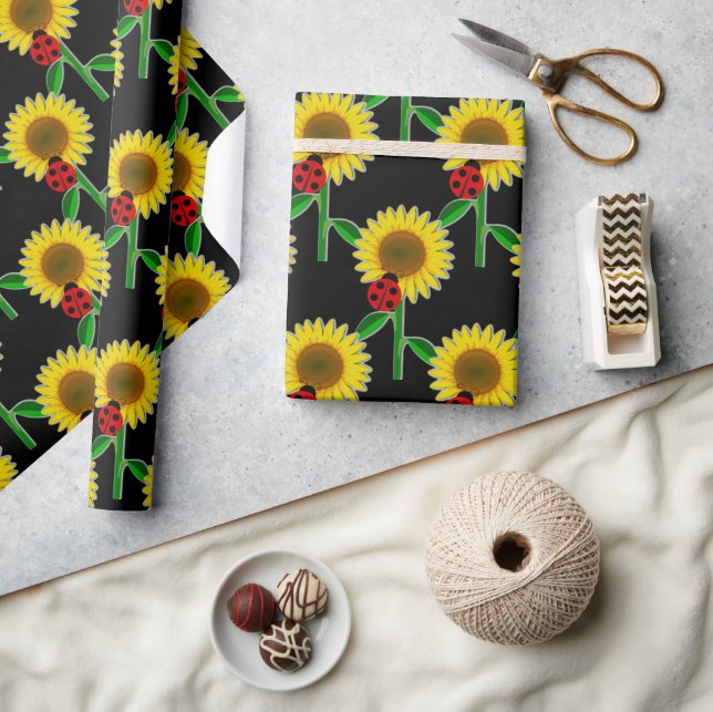 Solros på svart decoupage hantverk  inslagspapper presentpapper (Hantverk)