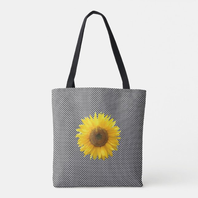 Solros på svart och vit schackmönstrad totebag tygkasse (Baksida)