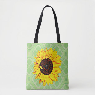 Solros på Vintage Grönt Tote Bag Carry All Tygkasse