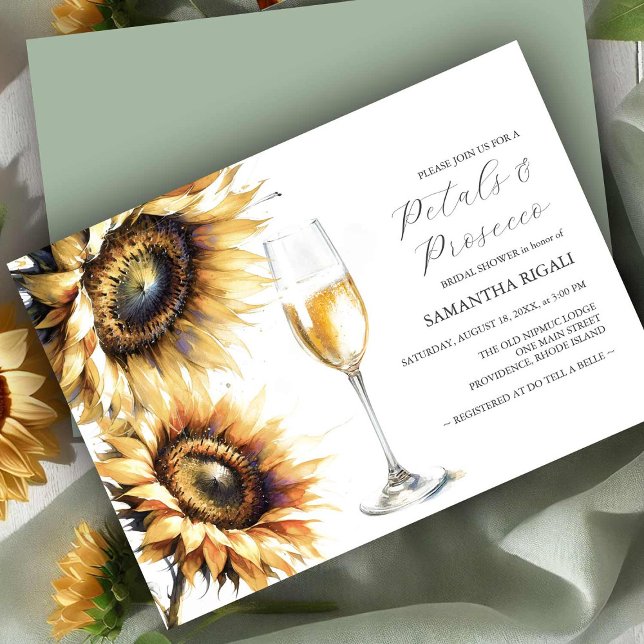 Solros Petals och Prosecco Möhippa Inbjudan (Bridal shower invitations watercolor sunflowers and Prosecco by Victoria Grigaliunas DoTellABelle)