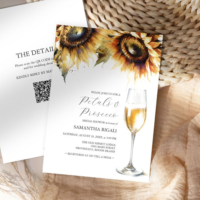Solros Petals & Prosecco Möhippa QR-kod (Petals and Prosecco bridal shower invitations with qr-code and sunflowers by Victoria Grigaliunas)