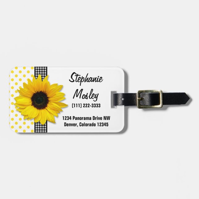 Solros Polka Dot Gingham Gult Black White Bagagebricka (Horisontell Framsida)