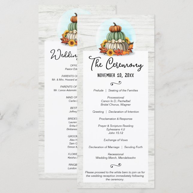 Solros Pumpa Rustik Lanthandels Höst Bröllop Program (Fram/baksida)