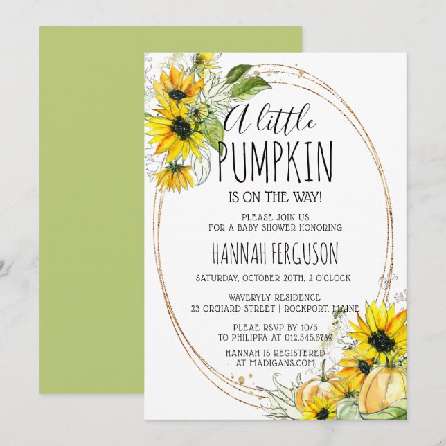 Solros Pumpkin Gender Neutral Baby Shower Inbjudningar (Fram/baksida)