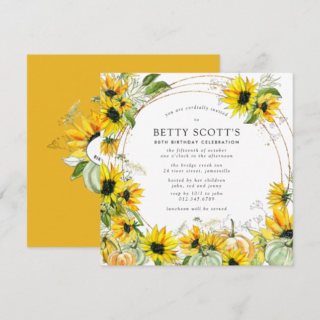 Solros Pumpkin Hösten faller 80:e födelsedagen Inbjudningar (Fram/baksida)