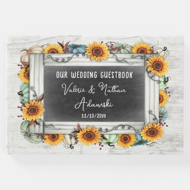 Solros Pumpkin Rustic Chalkboard Farm Bröllop Gästböcker (Framsida)