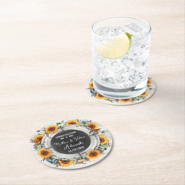 Solros Pumpkin Rustic Land Fall Farm Bröllop Underlägg Papper Rund (Insitu)