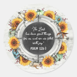 Solros Pumpkin Rustic Thanksgiving Bible Verse Runt Klistermärke