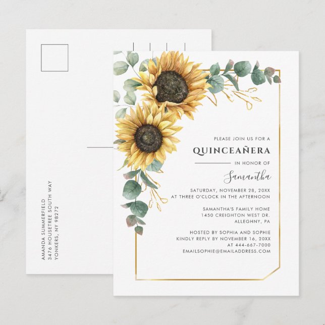 Solros Quinceanera Greenery 15:e Födelsedagsfesten Inbjudan Vykort (Fram/baksida)