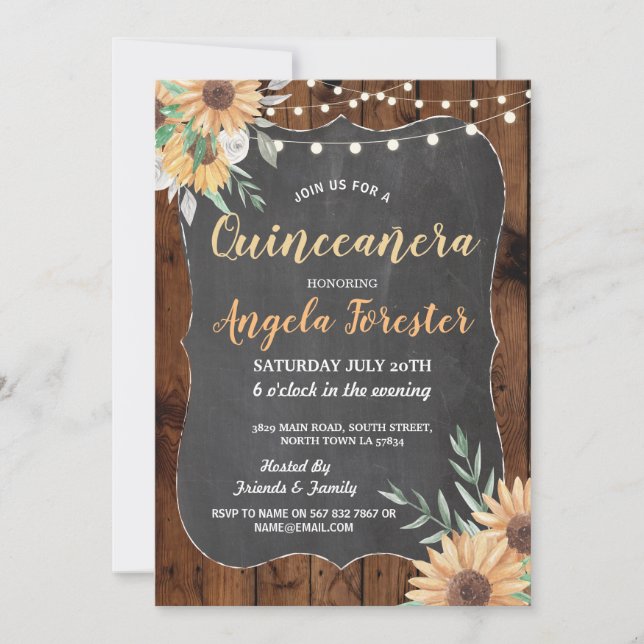 Solros Quinceanera Party Wood Blommigt Ljus Inbjudningar (Framsida)