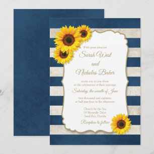 Solros Rand Rustic Navy Blue Bröllop Inbjudningar