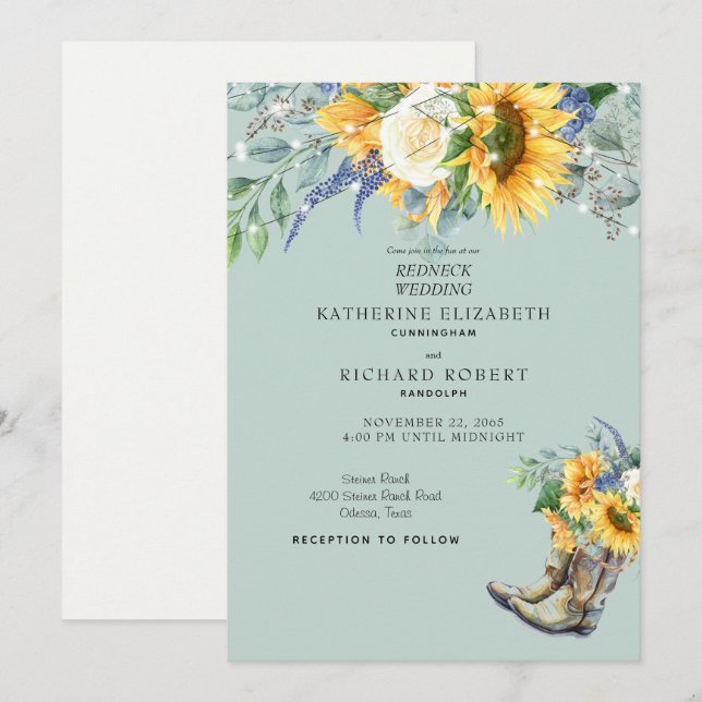 Solros Rednacken Bröllop CowboyBoots Ljus Inbjudningar (Fram/baksida)